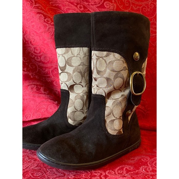 Coach Meyer Khaki Chestnut Brown C Logo Signature & Suede Boots RARE! SZ 5.5 - Picture 1 of 4